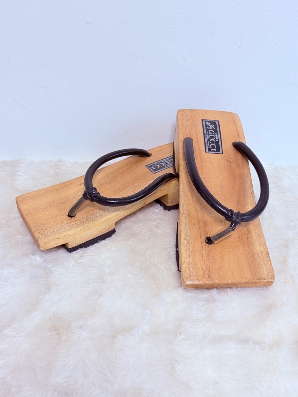 Gucci Brown Leather-Trim Wooden Sandals RARE Size 7